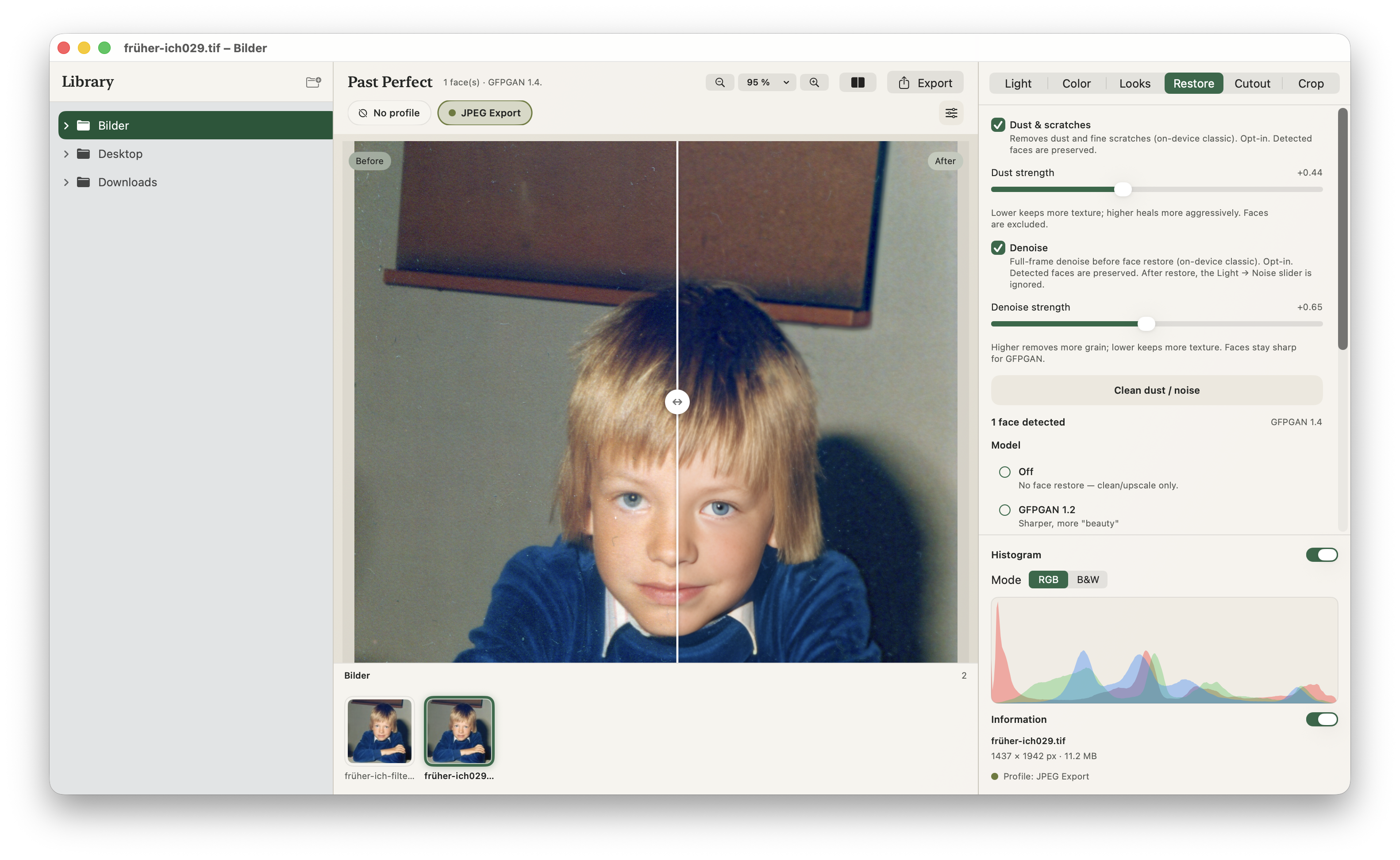 Past Perfect app preview showing face restoration with dust removal