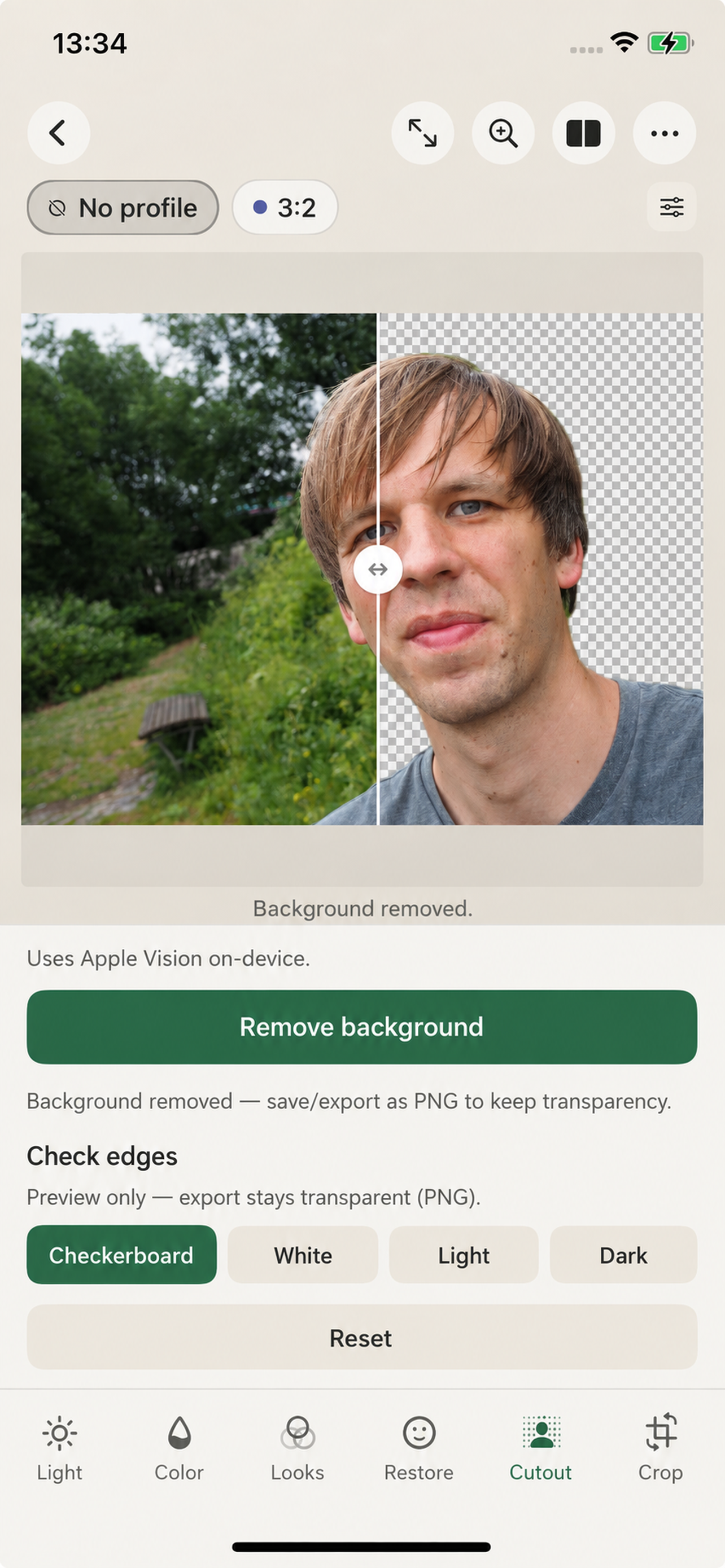 Past Perfect on iPhone showing background cutout