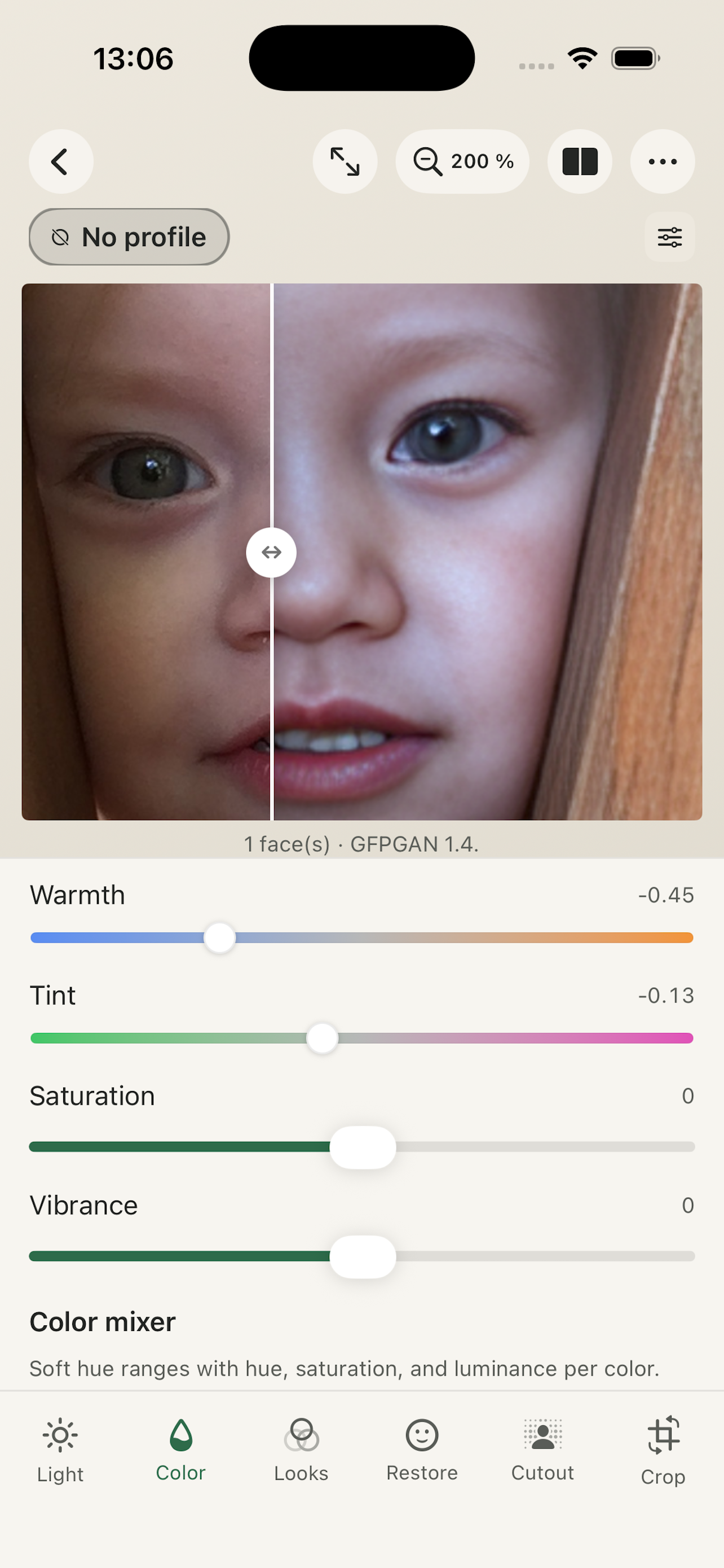 Past Perfect on iPhone showing face restoration detail