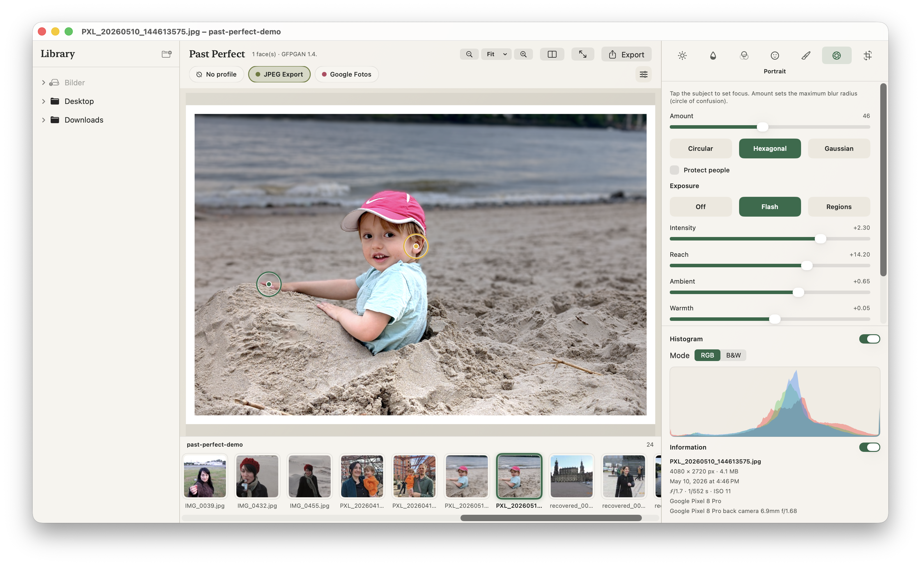 Past Perfect Portrait mode with background blur and flash lighting on Mac